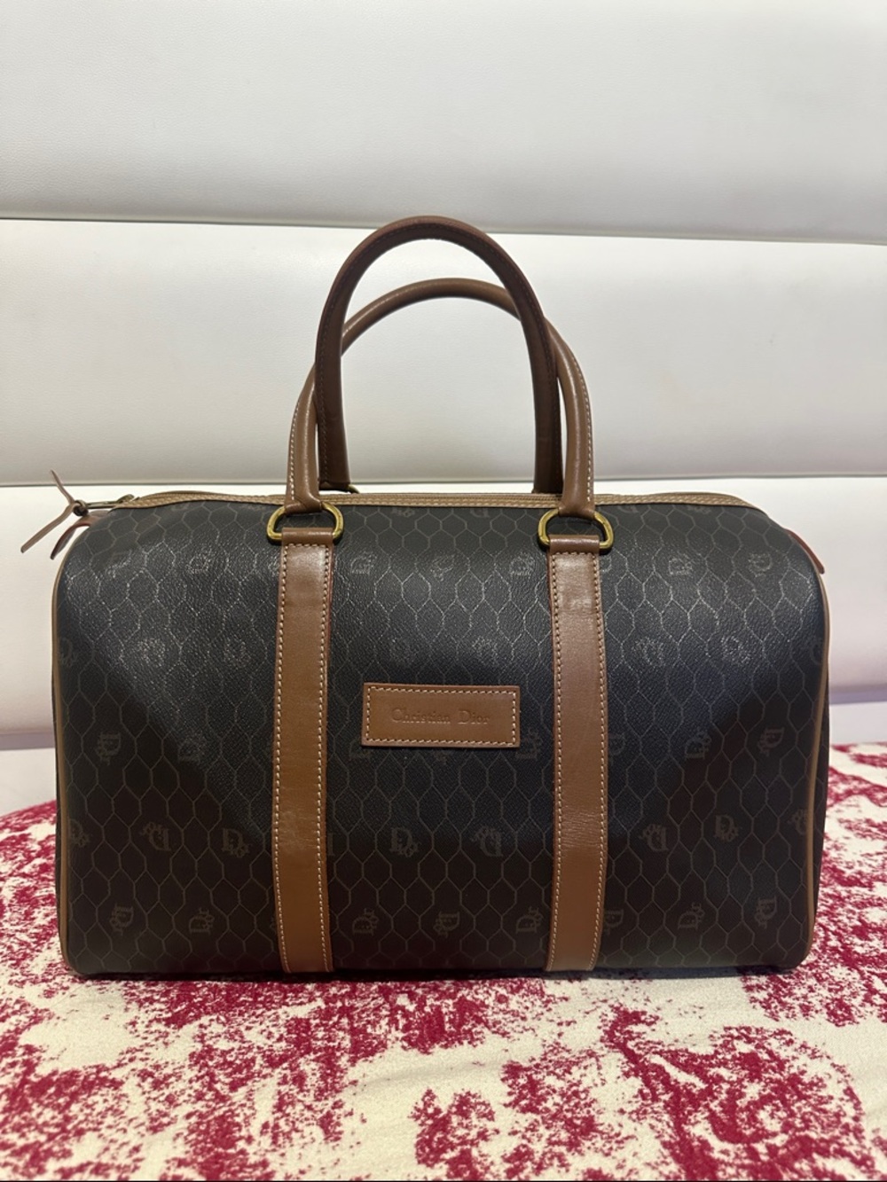 Christian Dion PVC Brown Monogram Travel Duffle Bag with Leather Trim - Picture 1 of 15